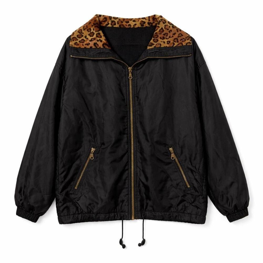 Vintage Cozy Reversible black jacket two in one Leopard Kitty Cat‎ Animal